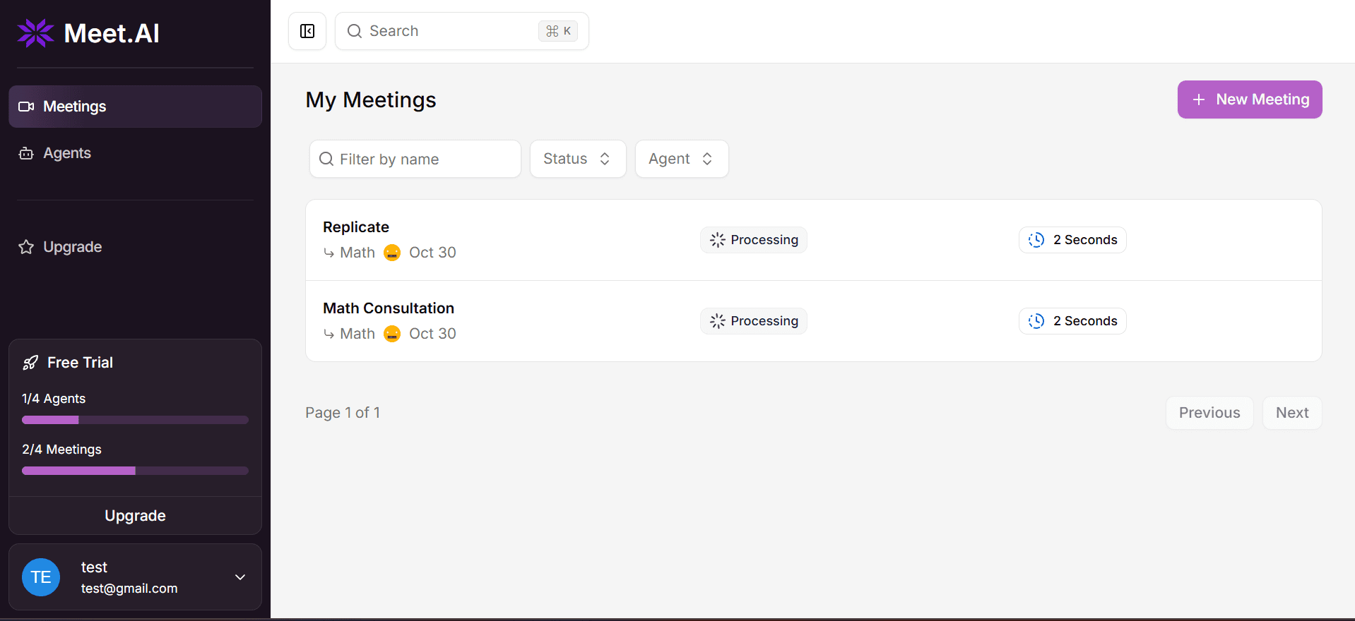 Meet.AI: meetings, the agent on each call, status and duration