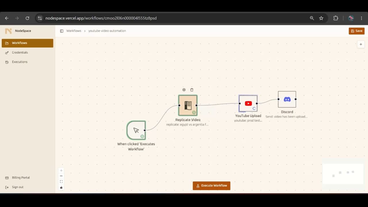 NodeSpace: demo: the workflow generates an AI video with Replicate and uploads it to YouTube