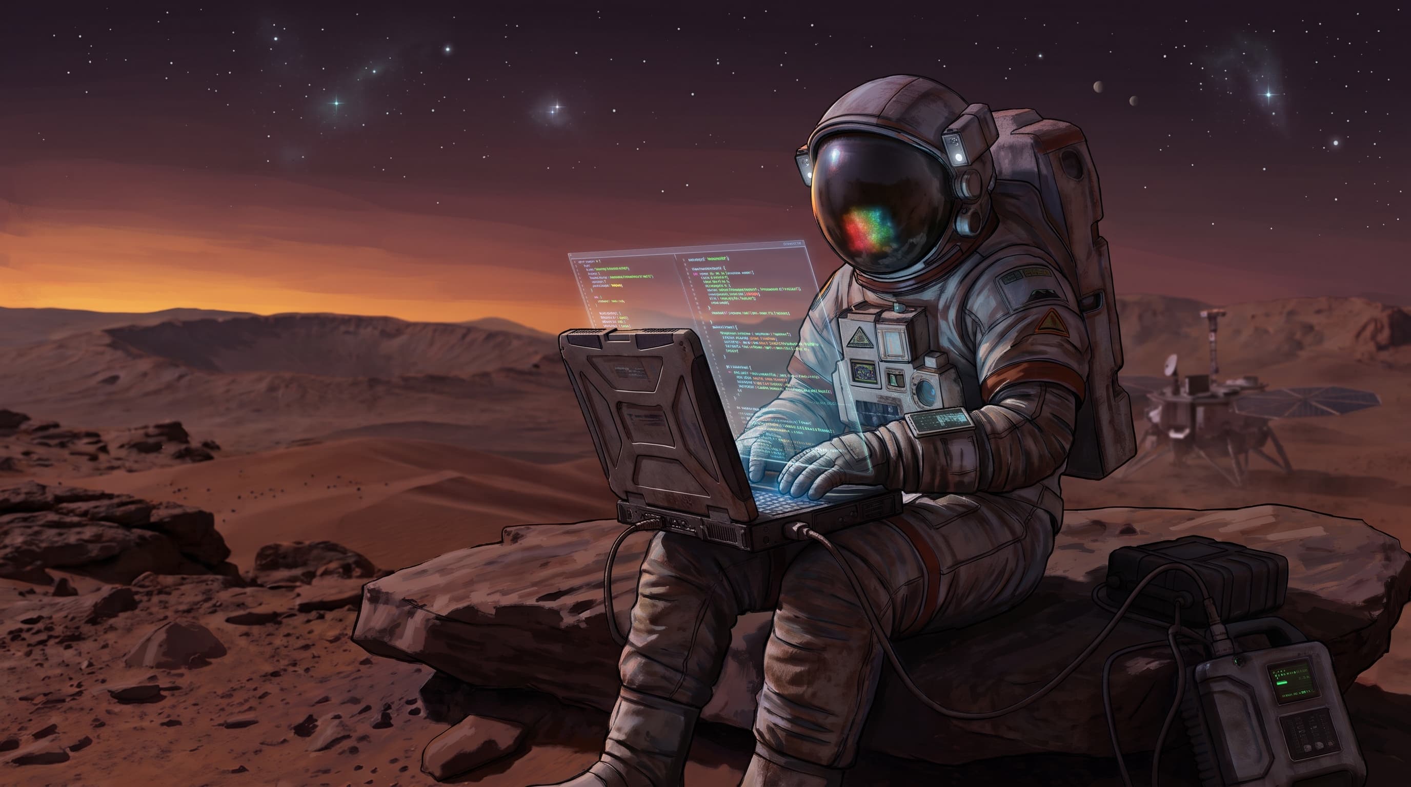 Illustration of an astronaut coding on a laptop, sitting on a rock on Mars