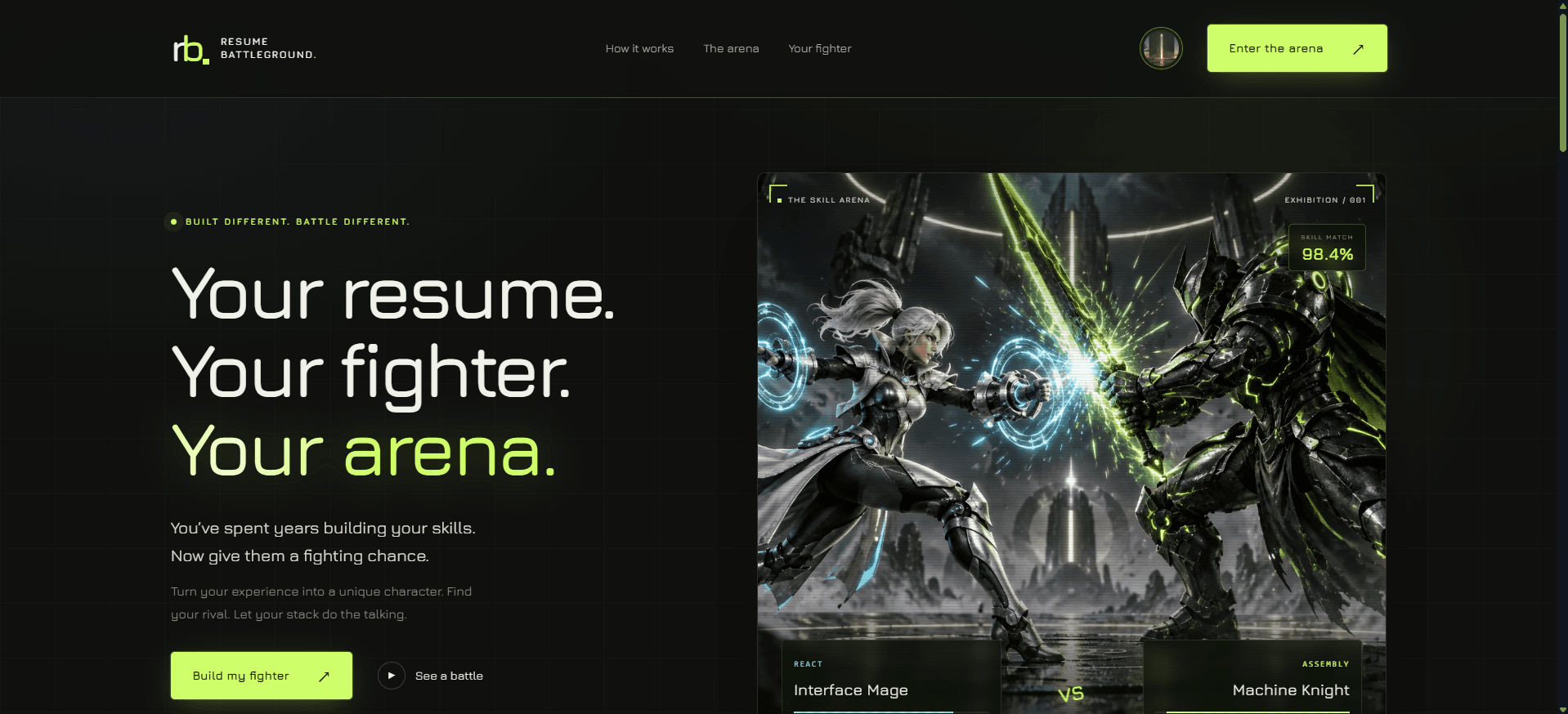 Resume Battleground: the landing page: your resume, your fighter, your arena